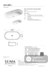 Seima 192630 Arko 680 Undermount Super Ellipse Basin with Overflow 680x345mm (No Taphole) Gloss White - Basins
