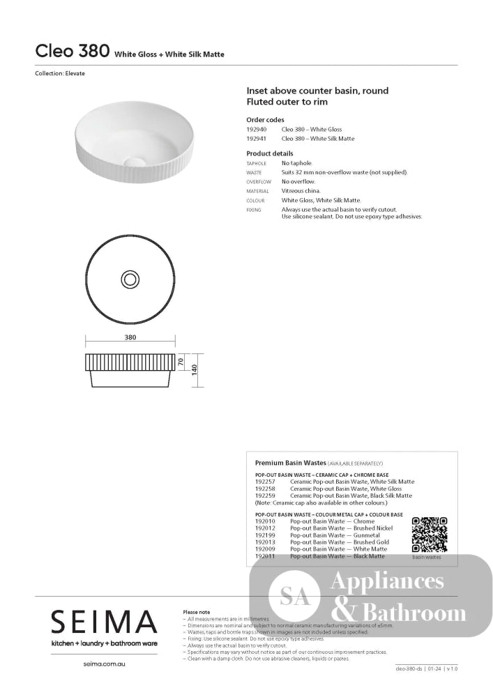 Seima 192941 Cleo 380 Fluted Round Semi-Inset Basin 380x380mm Matte White - Above Counter Basins