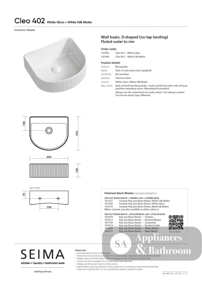 Seima 192942 Cleo 402 Fluted D-Shape Wall Hung Basin 400x350mm Gloss White - Wall Hung Basins