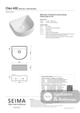 Seima 192942 Cleo 402 Fluted D-Shape Wall Hung Basin 400x350mm Gloss White - Wall Hung Basins