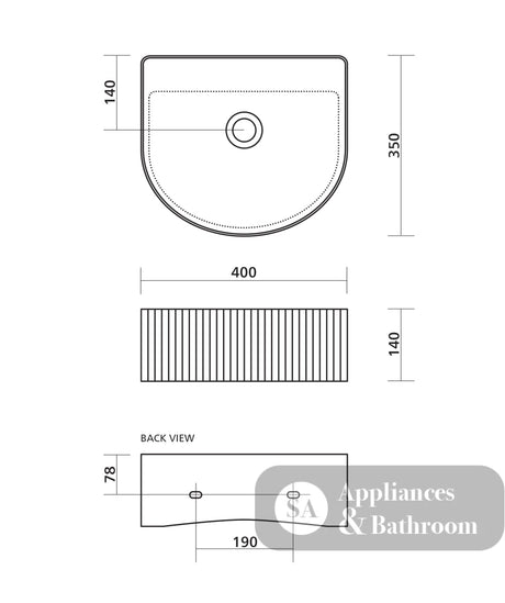 Seima 192943 Cleo 402 Fluted D-Shape Wall Hung Basin 400x350mm Matte White - Wall Hung Basins