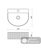 Seima 192944 Cleo 404 Wall Fluted D-Shape Wall Hung Basin 430x350mm One Taphole Gloss White - Wall Hung Basins