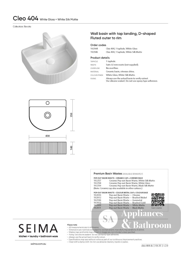 Seima 192947 Cleo 404 Wall Fluted D-Shape Wall Hung Basin 430x350mm Matte White - Wall Hung Basins