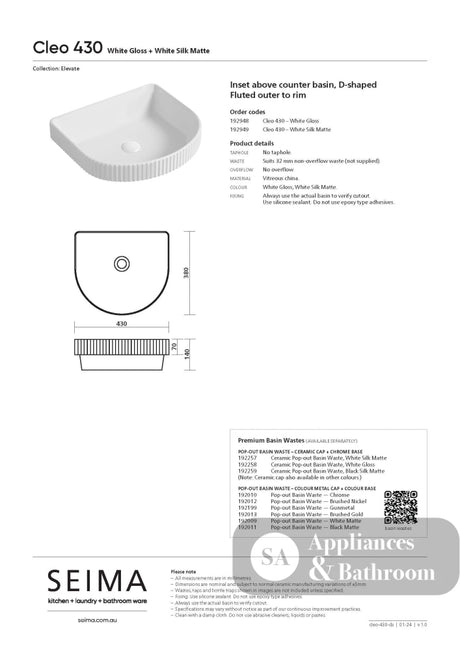 Seima 192948 Cleo 430 Fluted D-Shape Semi-Inset Basin 430x380mm Gloss White - Above Counter Basins