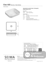 Seima 192950 Cleo 450 Fluted Rectangular Semi-Inset Basin 450x380mm Gloss White - Above Counter Basins