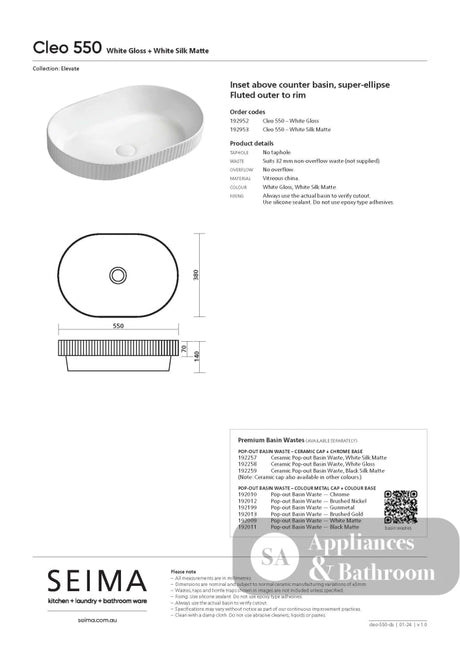Seima 192953 Cleo 550 Fluted Ellipse Semi-Inset Basin 550x380mm Matte White - Above Counter Basins
