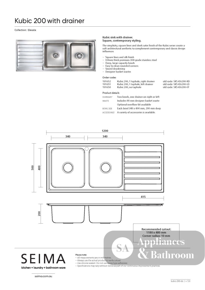 Seima Kubic 200 Double Bowl Sink with Right Hand Drainer One Taphole 191652 - Sinks