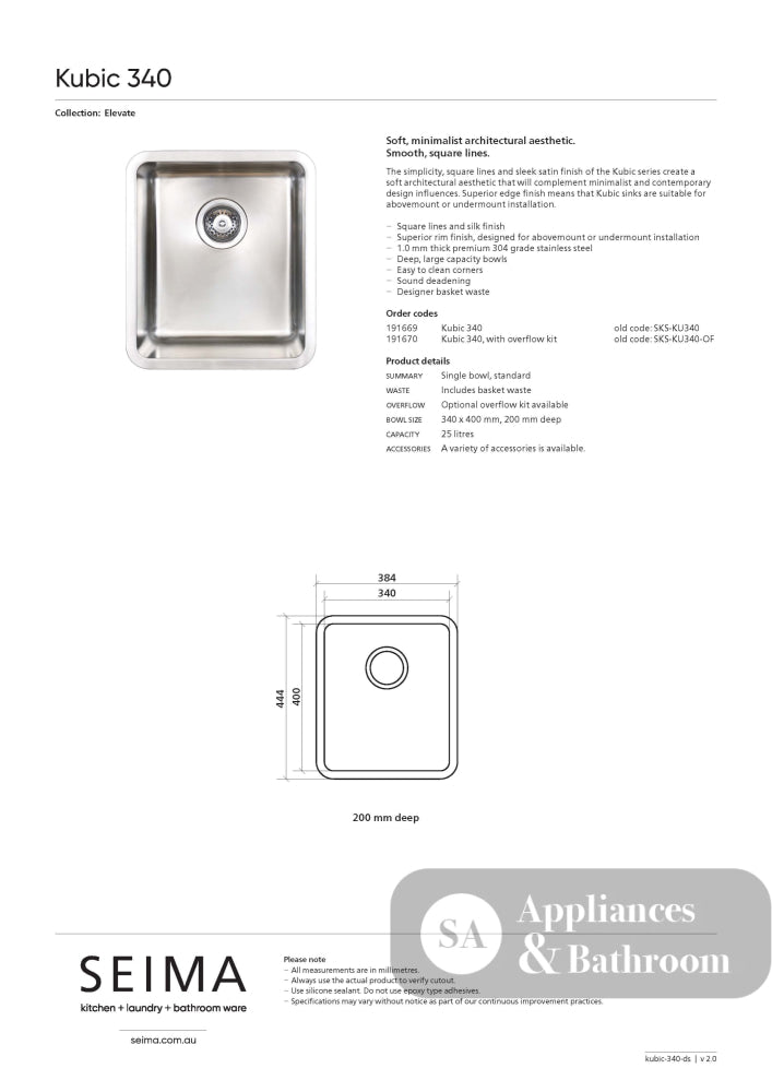 Seima Kubic 340 Single Bowl Sink No Taphole 191669 - Sinks