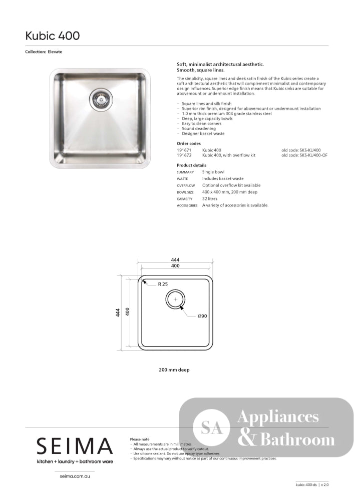 Seima Kubic 400 Single Bowel Sink No Taphole 191671 - Sinks