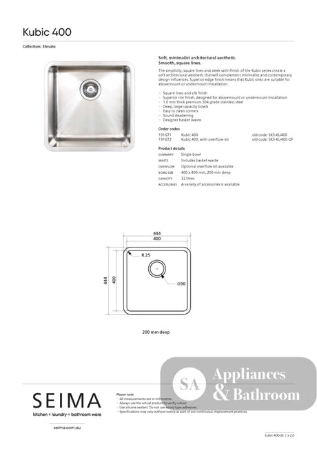 Seima Kubic 400 Single Bowel Sink No Taphole 191671 - Sinks
