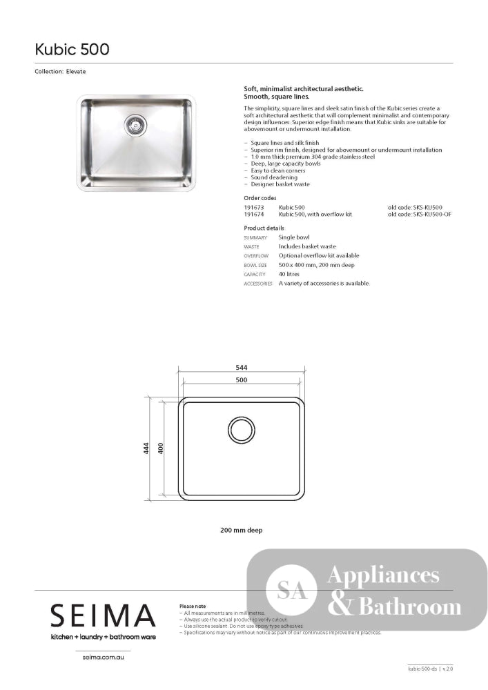 Seima Kubic 500 Single Bowl Sink No Taphole 191673 - Sinks