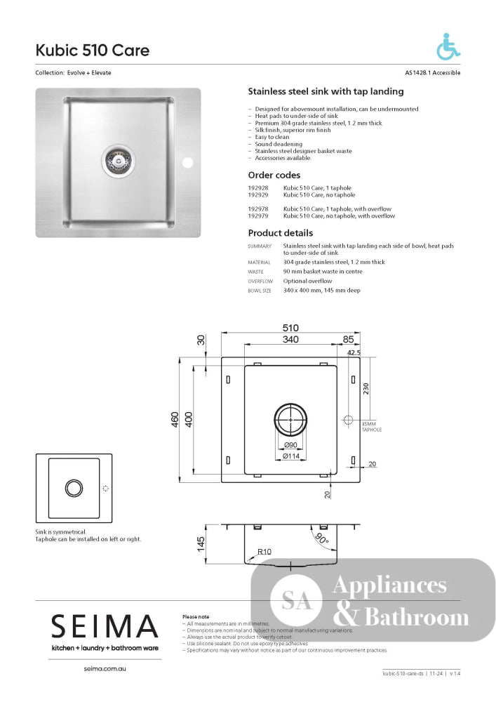 Seima Kubic 510 Care Topmount Sink 1 Bowl (No Taphole) with Overflow 510x460mm Stainless Steel 192979 - Sinks