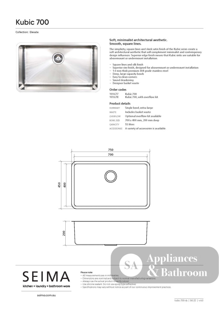 Seima Kubic 700 Single Bowl Sink No Taphole 191677 - Sinks