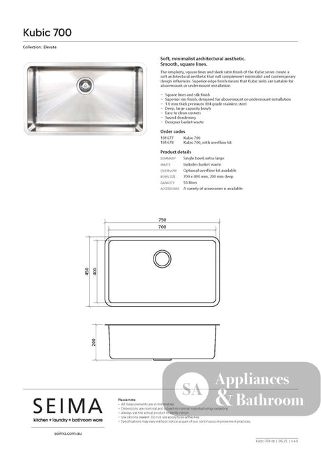 Seima Kubic 700 Single Bowl Sink No Taphole 191677 - Sinks