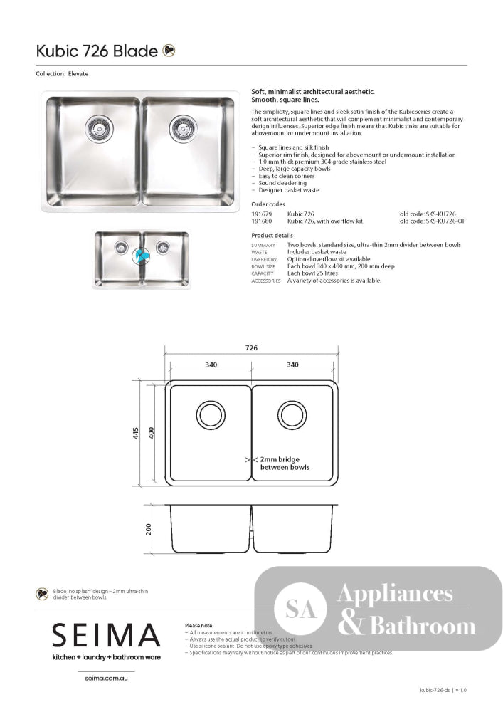 Seima Kubic 726 Double Bowl Sink No Taphole 191679 - Sinks
