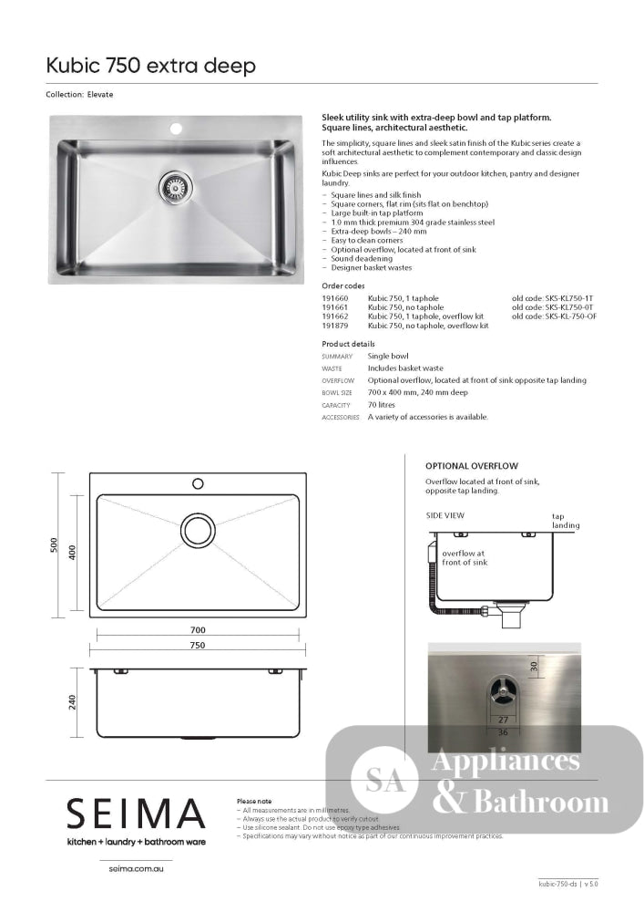 Seima Kubic 750 Single Bowl Sink One Taphole 191660 - Sinks