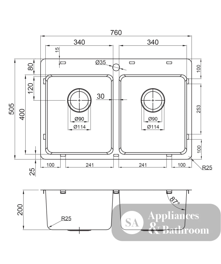 Seima Kubic 760 Topmount Sink Double Bowl with Tap Landing (No Taphole) with Overflow 760x505mm Stainless Steel 192971