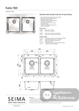 Seima Kubic 760 Topmount Sink Double Bowl with Tap Landing (No Taphole) with Overflow 760x505mm Stainless Steel 192971