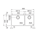 Franke Mythos Double Bowl 895mm (Top Mount/ Flush Mount/ Undermount) Stainless Steel, MYX220-50/34BSBR