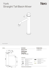 Nero York Straight Tall Basin Mixer, Black Porcelain Lever Chrome NR692101A03CH