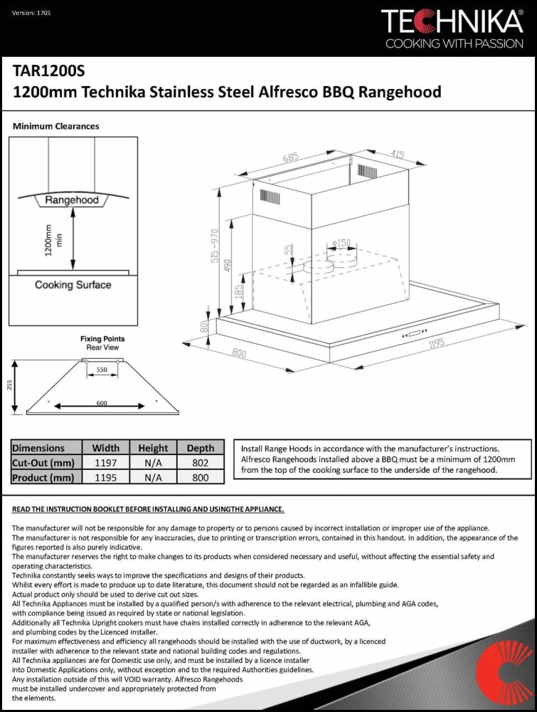Technika Tar1200S 120Cm Outdoor Bbq Canopy Rangehood Rangehoods