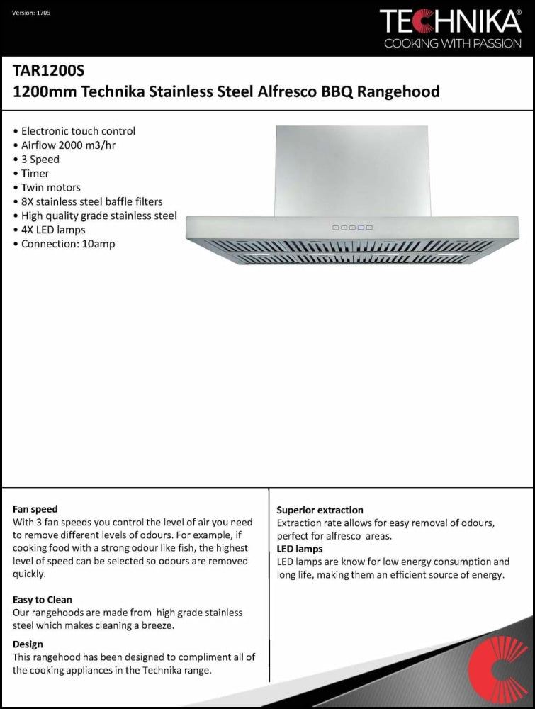 Technika Tar1200S 120Cm Outdoor Bbq Canopy Rangehood Rangehoods