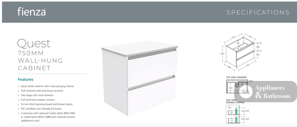 Vanessa VAN75Q Manu 750 Wall-Hung Vanity Gloss White - Vanity Units
