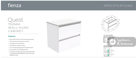 Vanessa VAN75Q Manu 750 Wall-Hung Vanity Gloss White - Vanity Units