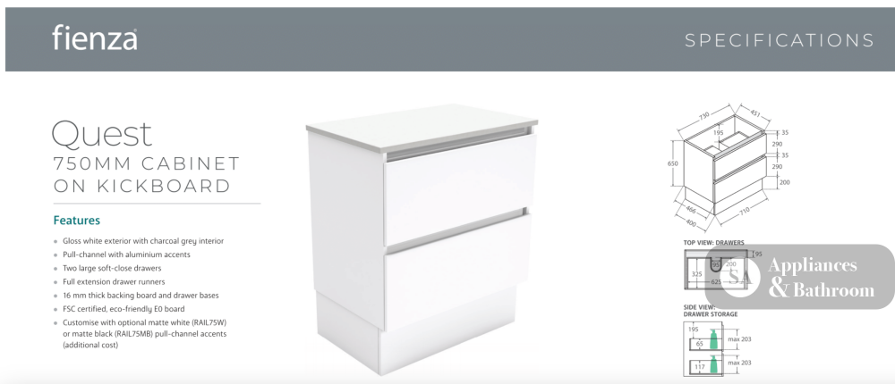 Vanessa VAN75QK Manu 750 Vanity on Kickboard Gloss White - Vanity Units