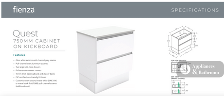 Vanessa VAN75QK Manu 750 Vanity on Kickboard Gloss White - Vanity Units