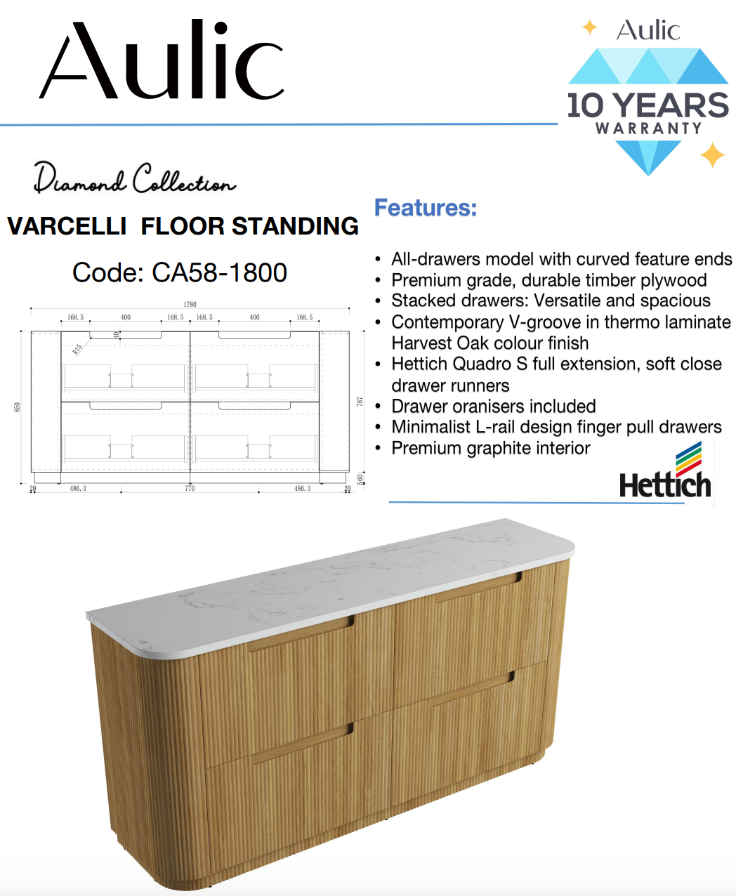 Aulic 1800mm Varcelli Floorstanding Vanity with Solid Surface Top Alpine Top CA58-1800D-ST86FT Vanity Units