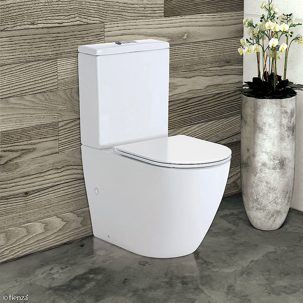 Fienza K002A-2 Koko Rimless Thin Seat S-Trap 90-160mm Back to Wall Toilet, White - Chrome Buttons