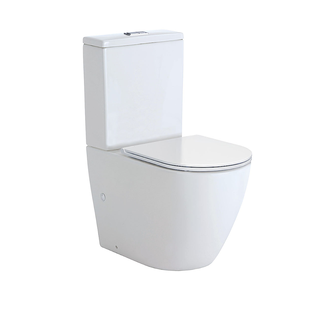 Fienza K002A-2 Koko Rimless Thin Seat S-Trap 90-160mm Back to Wall Toilet, White - Chrome Buttons