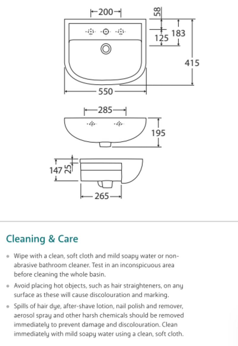 Fienza 603703W Semi Recessed RAK 3 Tap Hole Ceramic Compact Basin, White - Special Order