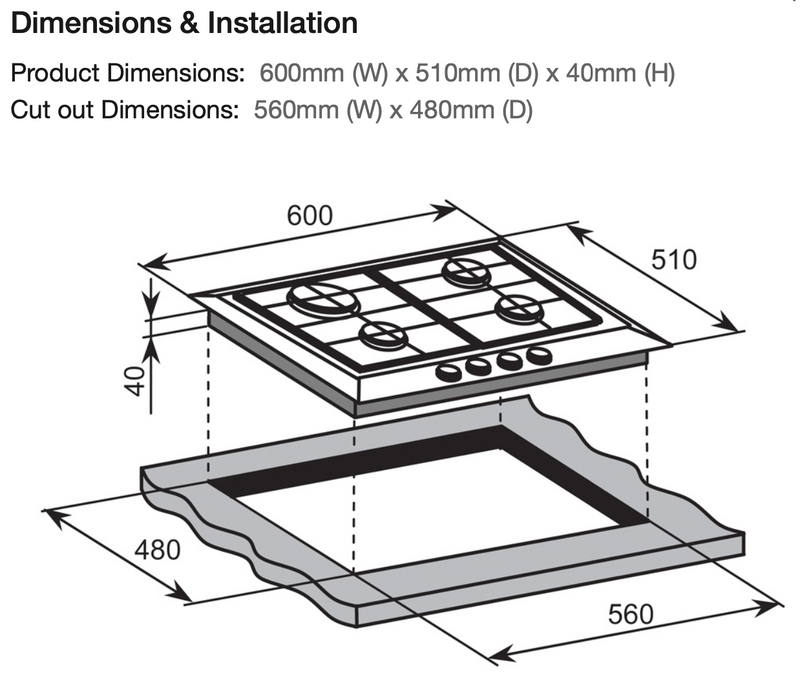 Arc ACG6S 60cm 4 Burner Stainless Steel Gas Cooktop - Ex Display