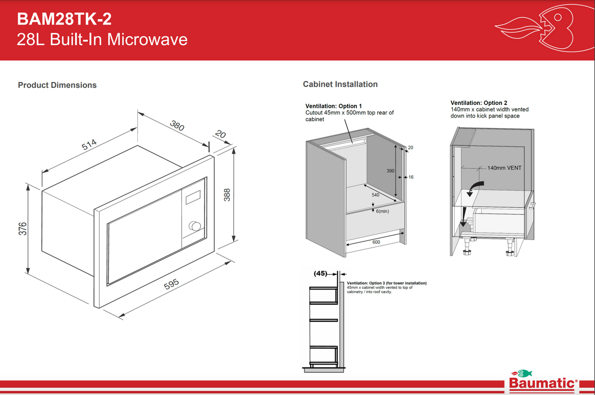 Baumatic BAM28TK-2 28L Stainless Steel Built-In Microwave