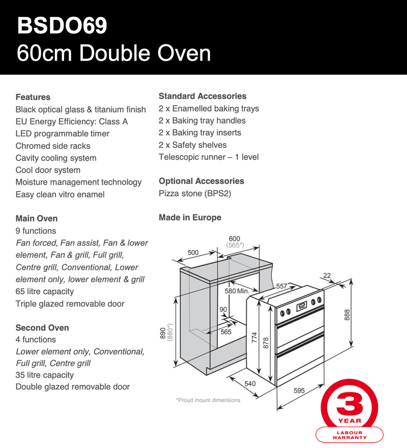Baumatic European Made BSDO69 Studio Solari Black Glass Electric Double Oven - Cosmetic Seconds Discount