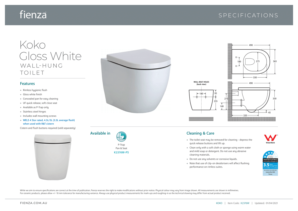 Fienza Koko Wall-Hung Suite - Gloss White