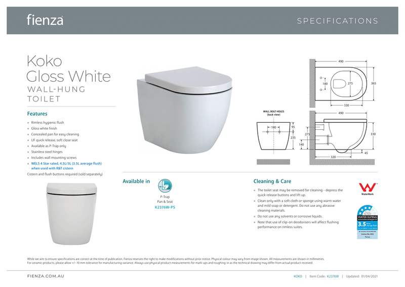 Fienza Koko Wall-Hung Suite - Gloss White