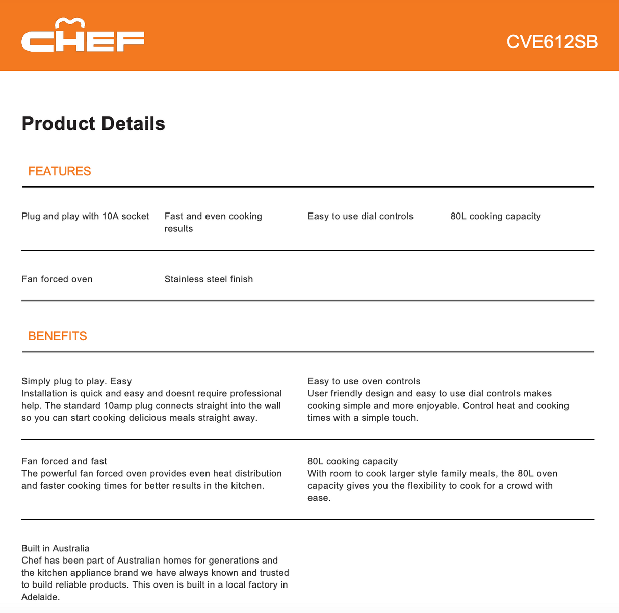Chef CVE612SB 60cm Stainless Steel Electric Oven - Chef Seconds Discount