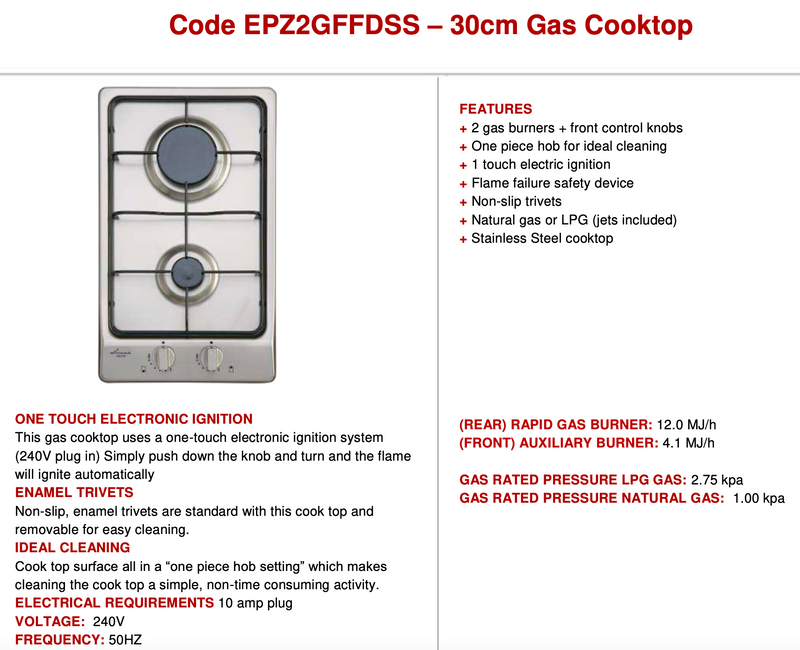 Euro Appliances Italian Made EPZ2GFFDSS 30cm Stainless Steel Gas Cooktop
