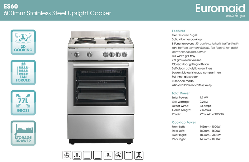 Euromaid ES60 60cm Stainless Steel Electric Fan Forced Stove