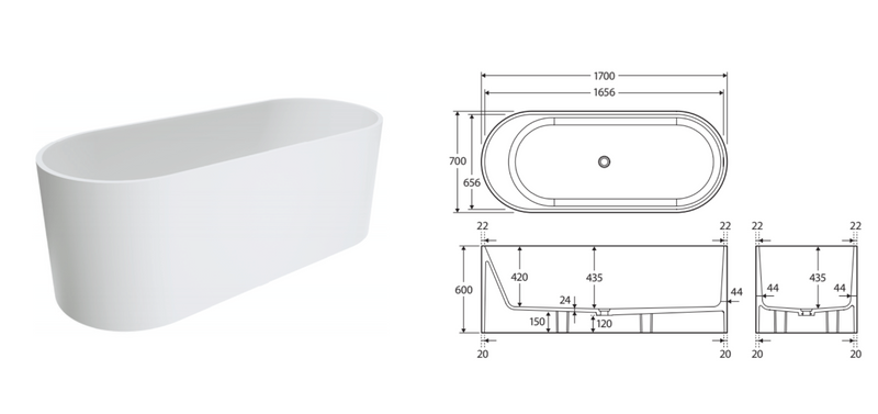 Fienza SS07 Encanto Resin Freestanding Stone Bath 1700mm, Matte White - Special Order