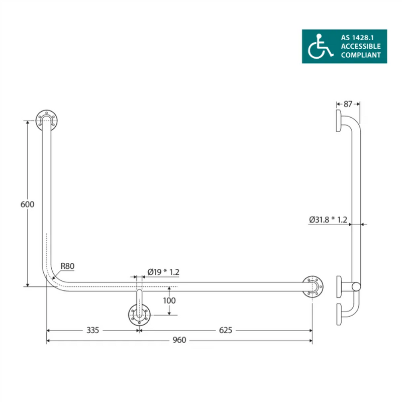 Fienza GRAB9660R Care Ambulant 90° 960x600mm Stainless Steel Right Hand Grab Rail - Special Order