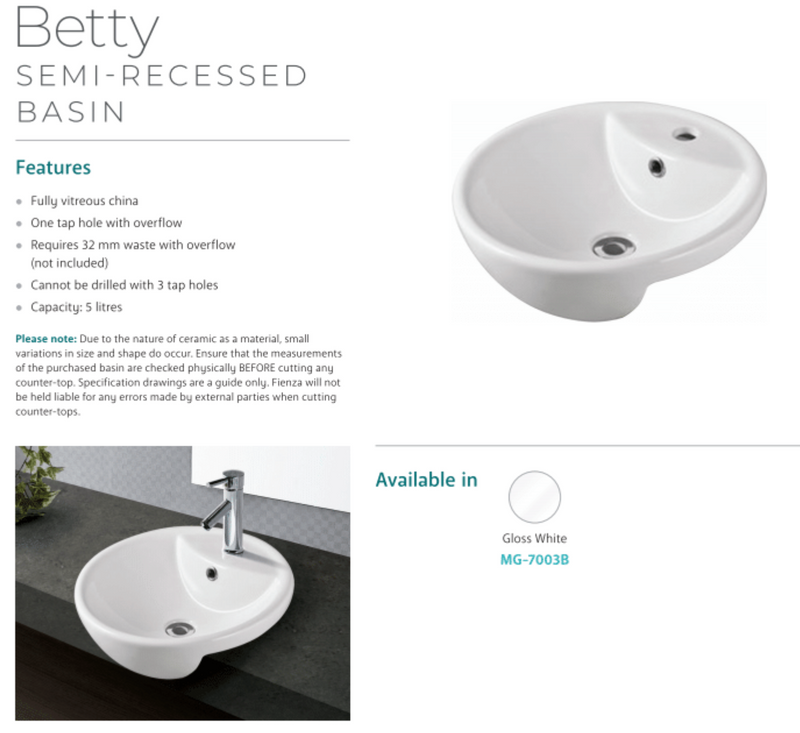 Fienza Betty MG-7003B 1 Tap Hole Semi Recessed Ceramic Basin, White