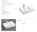 Fienza RB2223L Petra Wall Hung 1 Tap Hole Basin Left Hand, White - Special Order