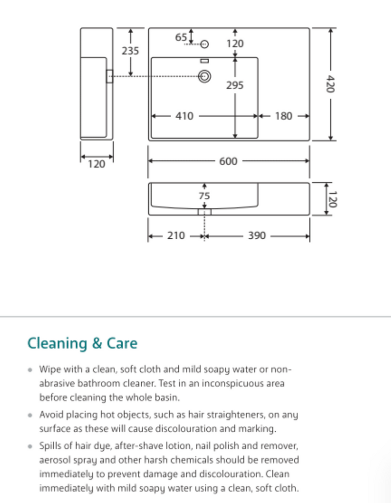 Fienza RB2223L Petra Wall Hung 1 Tap Hole Basin Left Hand, White - Special Order