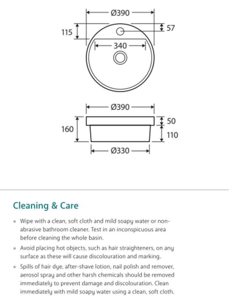 Fienza Reba RB4066 Semi Inset Basin with 1 Tap Hole, White - Special Order