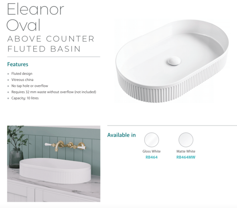 Fienza RB464 Eleanor Oval Above Counter Basin, White - Special Order