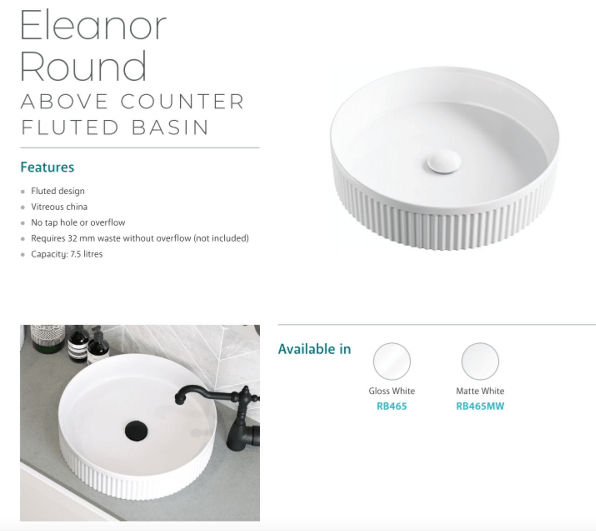 Fienza RB465 Eleanor Round Above Counter Basin, White